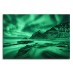 Green Northern Lights and Mountain Coast Lofoten islands, Norway Landscape Photo Canvas Wall Art Prints