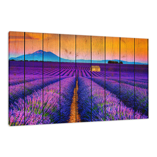 Faux Wood Lavender Fields and Sunset Landscape Fine Art Canvas Wall Art Prints  - PIPAFINEART