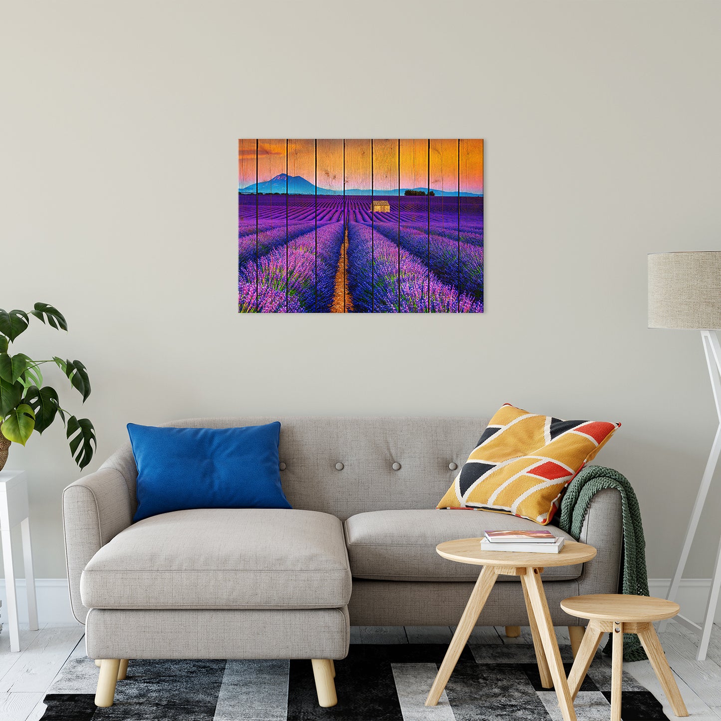 Faux Wood Lavender Fields and Sunset Landscape Fine Art Canvas Wall Art Prints 24" x 36" - PIPAFINEART