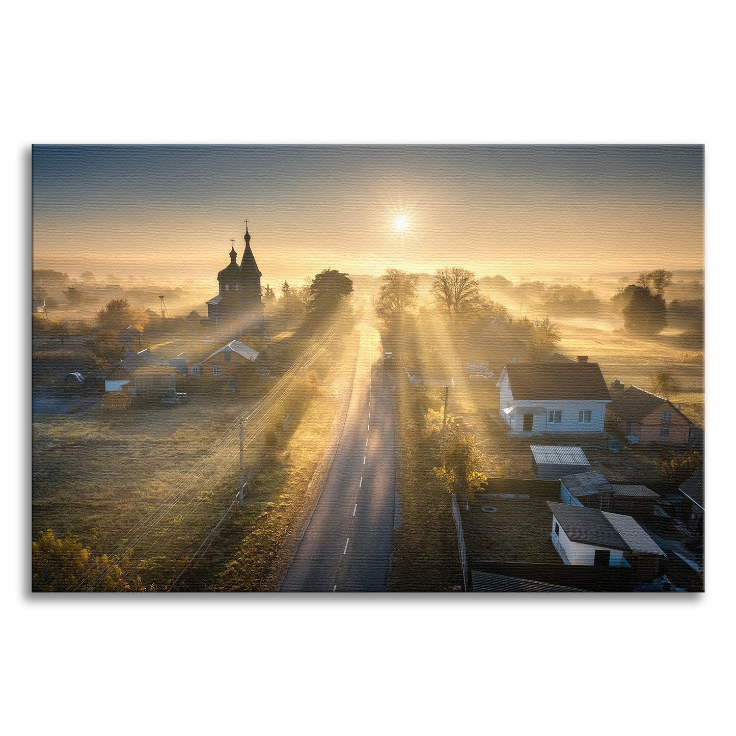 Misty Rural Town Sunrise in Autumn with Glory Rays Canvas Wall Art Prints