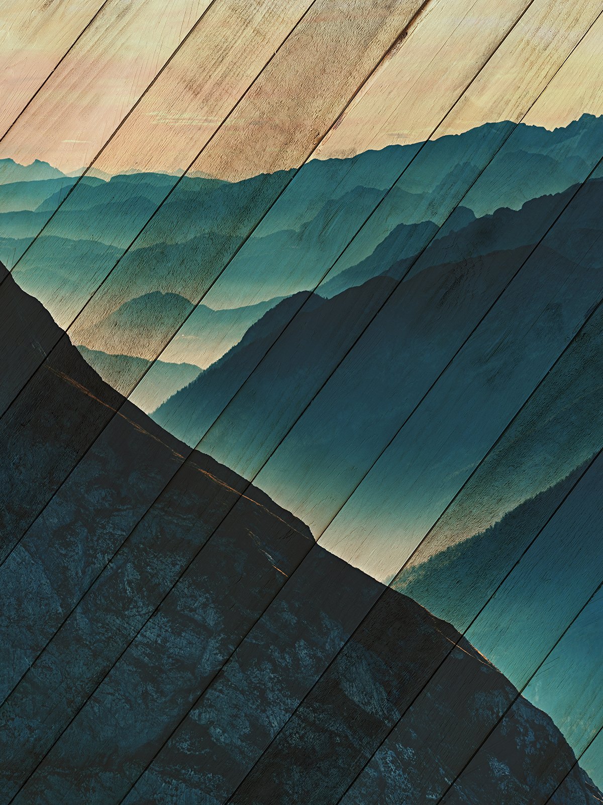 Faux Wood Misty Blue Silhouette Mountain Range Landscape Fine Art Canvas Wall Art Prints  - PIPAFINEART