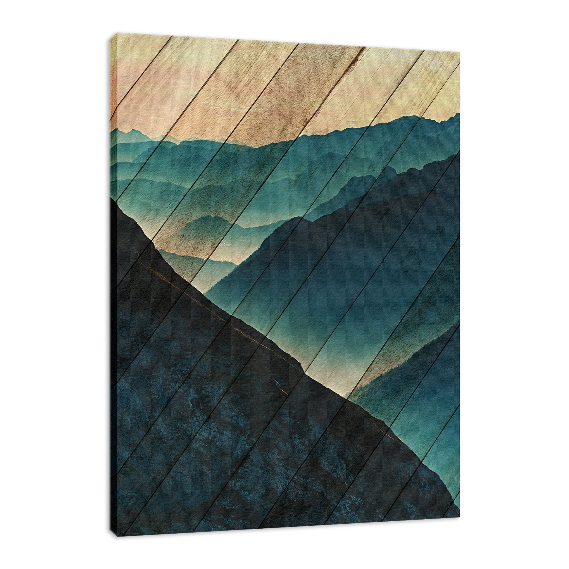 Faux Wood Misty Blue Silhouette Mountain Range Landscape Fine Art Canvas Wall Art Prints  - PIPAFINEART