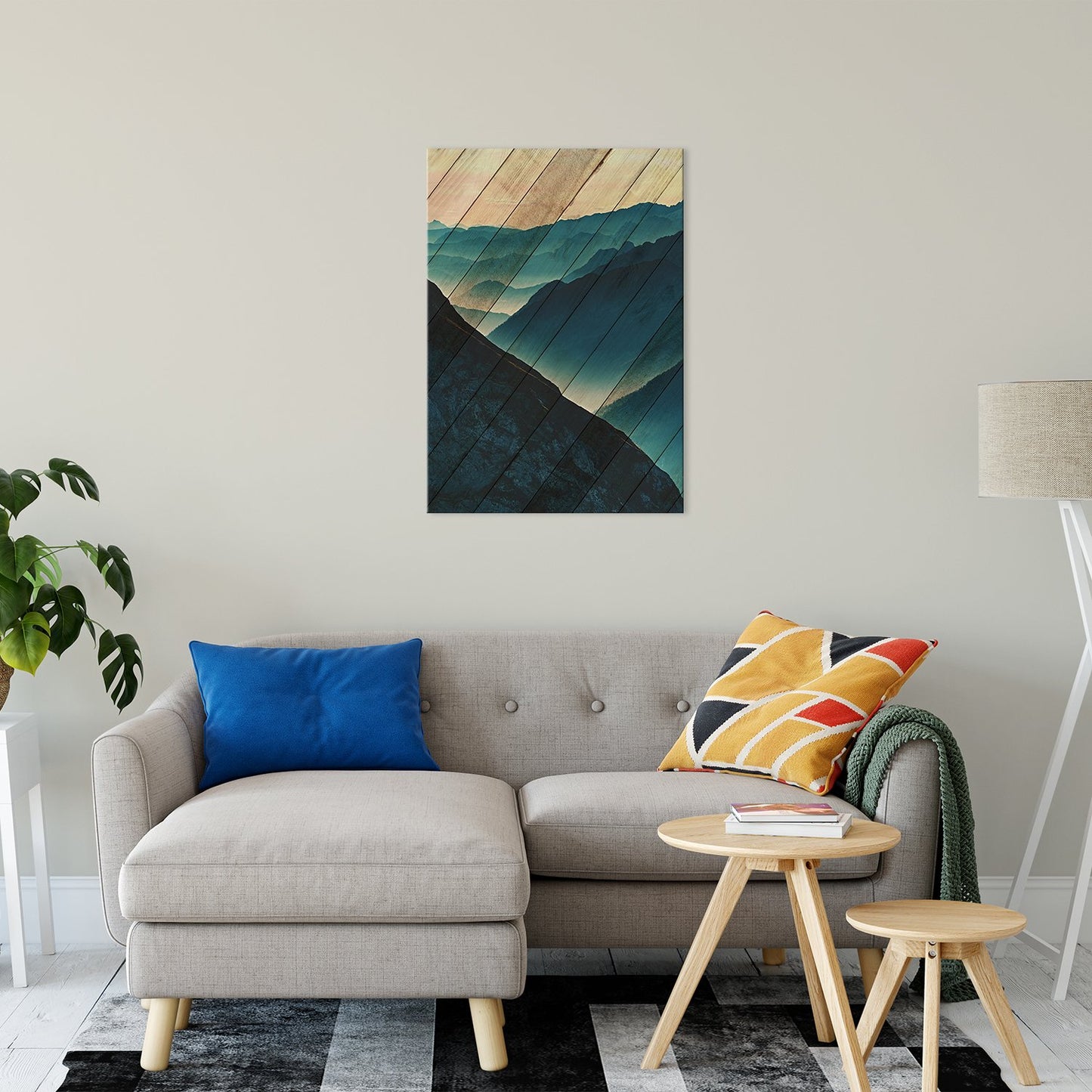 Faux Wood Misty Blue Silhouette Mountain Range Landscape Fine Art Canvas Wall Art Prints 24" x 36" - PIPAFINEART