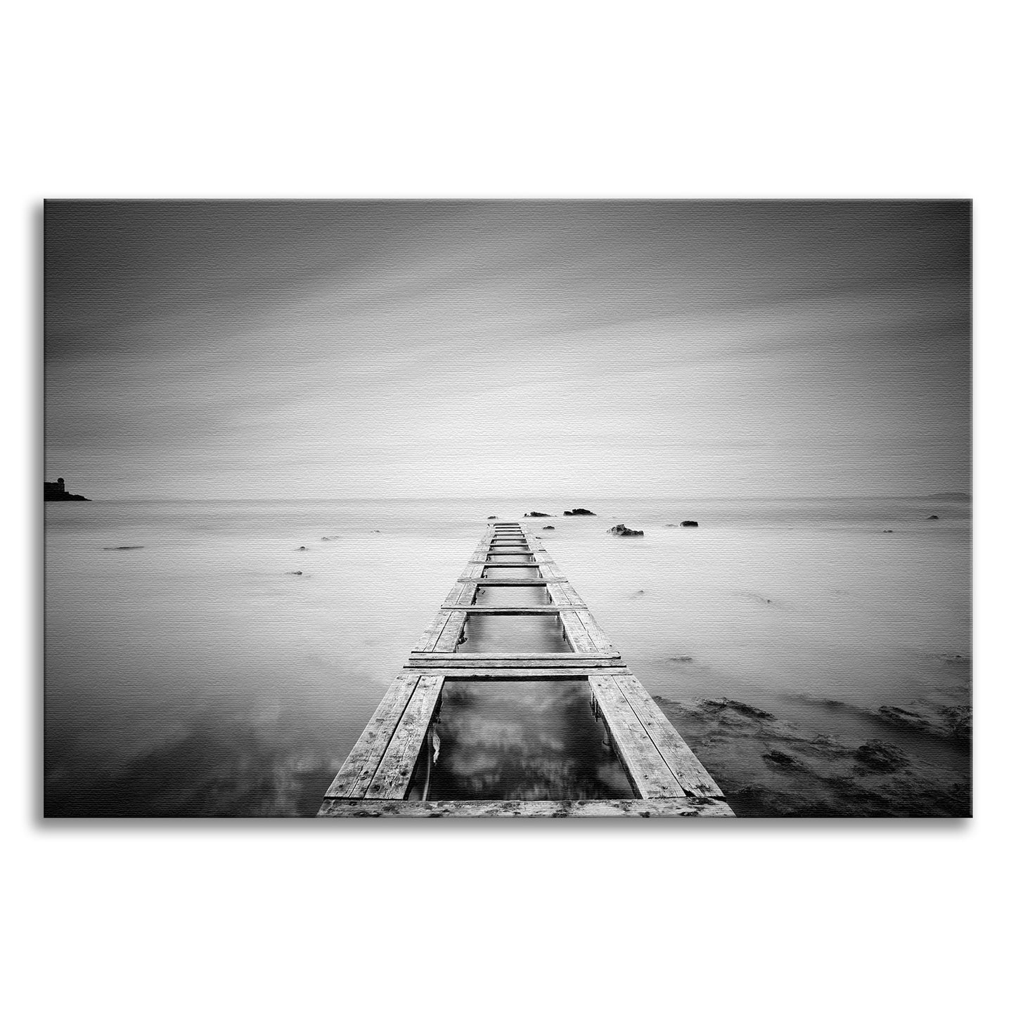 Moody Ocean and Sky Wooden Pier Black and White Landscape Photo Canvas Wall Art Prints