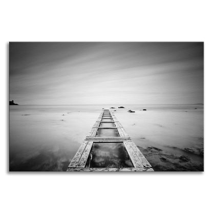 Moody Ocean and Sky Wooden Pier Black and White Landscape Photo Canvas Wall Art Prints