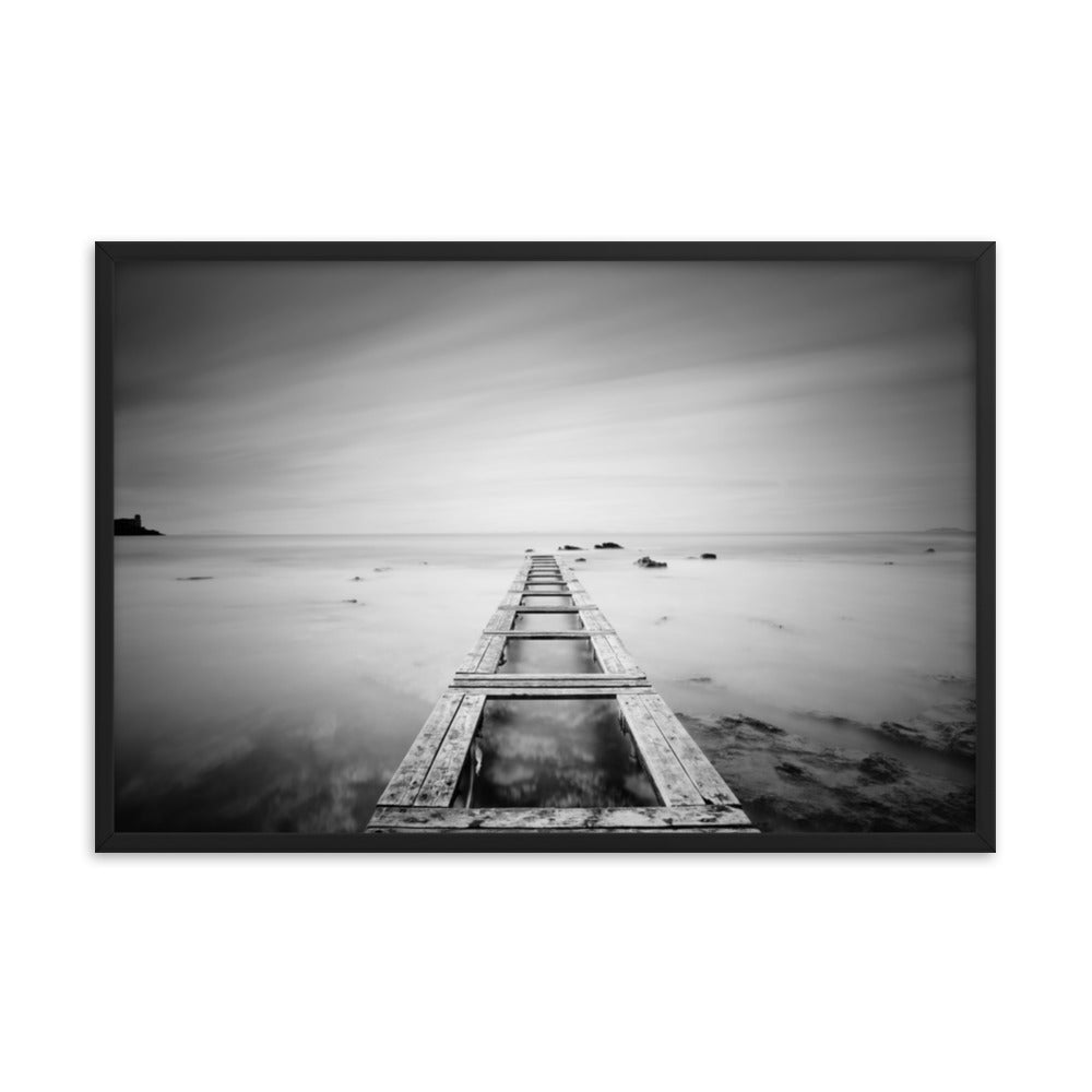 Moody Ocean and Sky Wooden Pier Black and White Framed Wall Art Prints