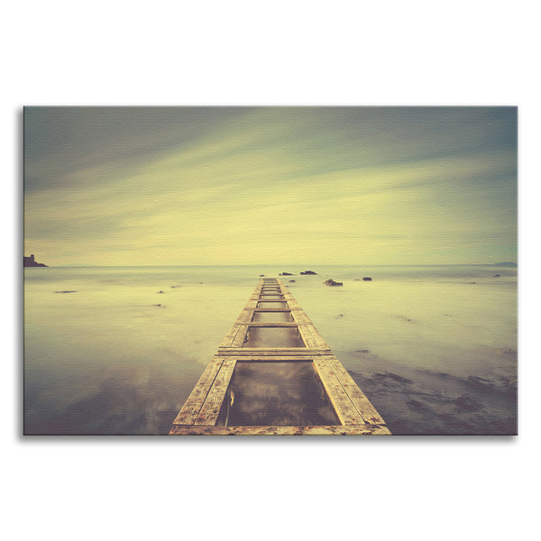 Moody Ocean and Sky Wooden Pier With Intrigued Trance Effects Canvas Wall Art Prints