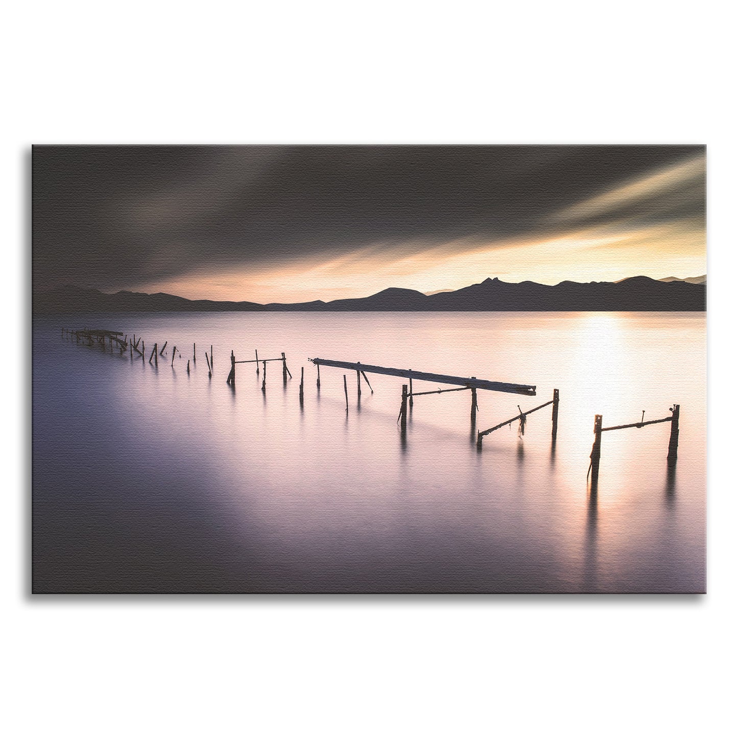 Moody Ruined Pier and Mountain Range Landscape Photo Canvas Wall Art Prints