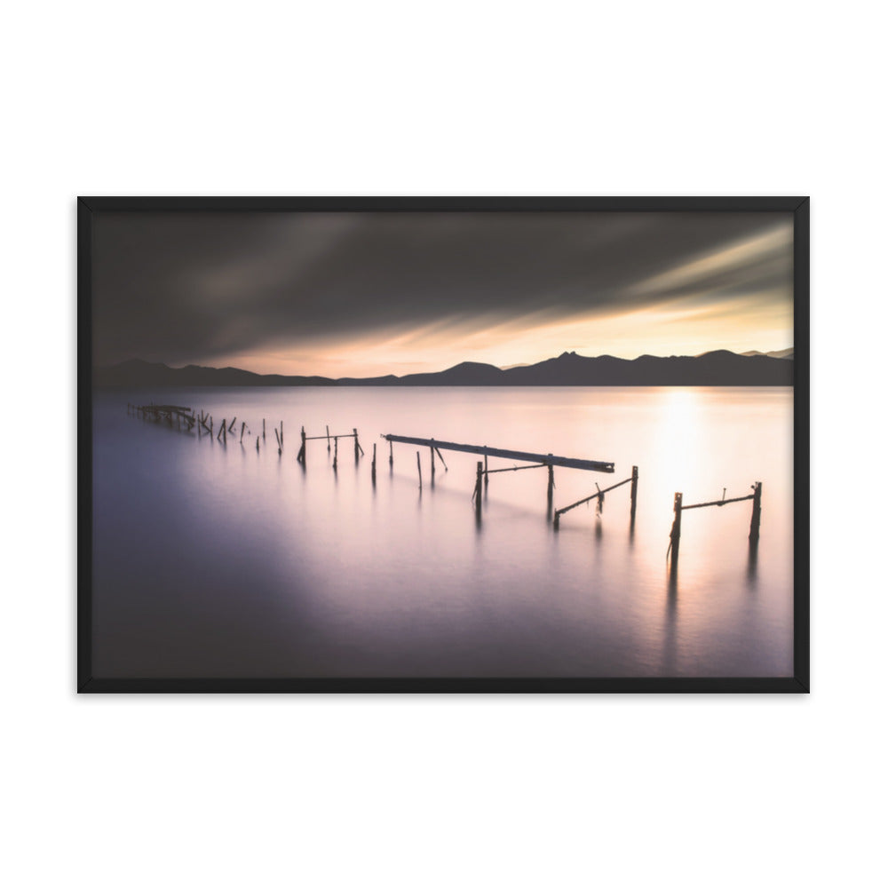 Moody Ruined Pier and Mountain Range Framed Wall Art Prints