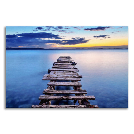 Old Weathered Lake Pier at Sunset Landscape Photo Canvas Wall Art Prints