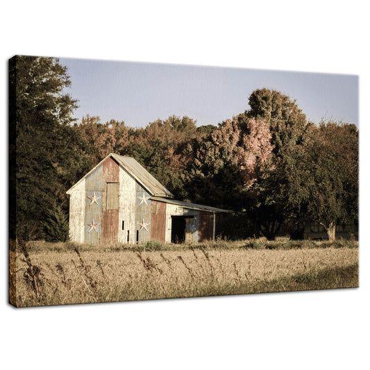 Patriotic Barn in Field Aged Effect Fine Art Canvas Wall Art Prints  - PIPAFINEART