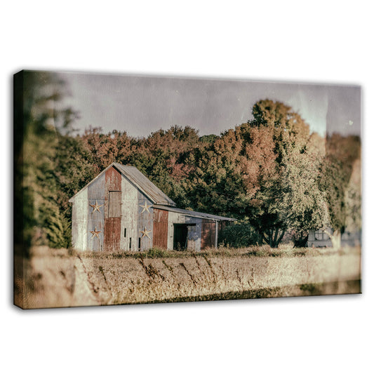 Patriotic Weathered Barn in Field Glass Plate Effect Fine Art Canvas Wall Art Prints  - PIPAFINEART