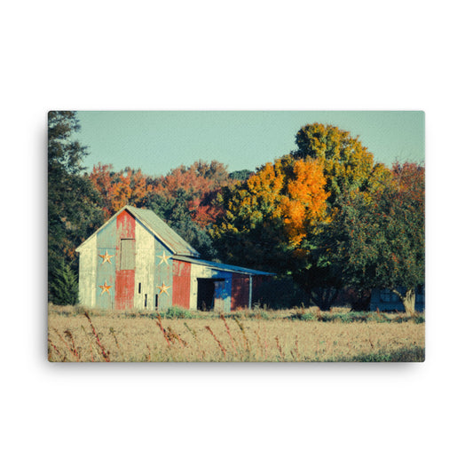 Patriotic Barn in Field Cross Processed Rural Landscape Photo Canvas Wall Art Prints