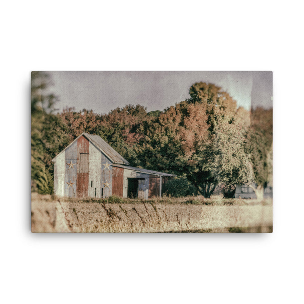 Patriotic Barn in Field Glass Plate Rural Landscape Canvas Wall Art Prints