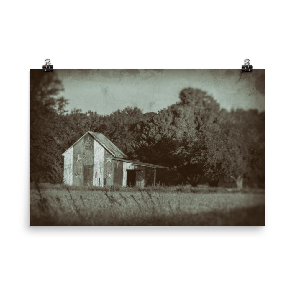 Patriotic Barn in Field Vintage Black and White Landscape Photo Loose Wall Art Prints - PIPAFINEART