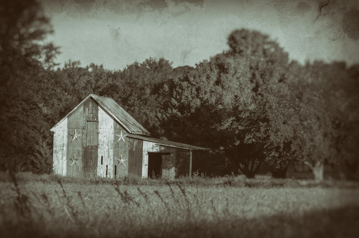 Patriotic Barn in Field Vintage Black and White Glass Plate Fine Art Canvas Wall Art Prints  - PIPAFINEART