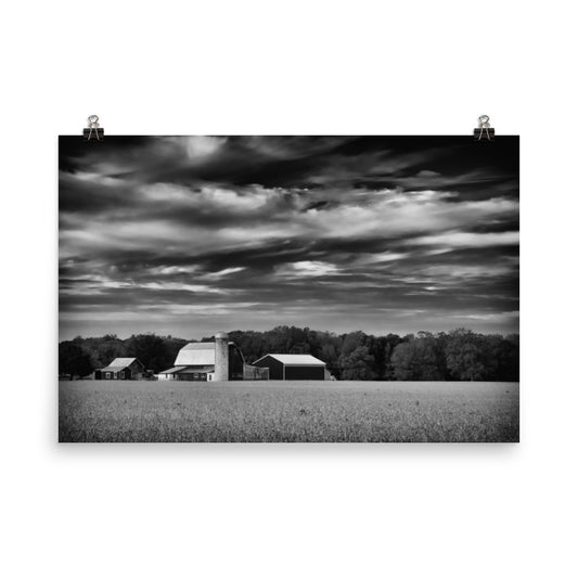 Red Barn in Golden Field Black and White Landscape Photo Loose Wall Art Prints - PIPAFINEART