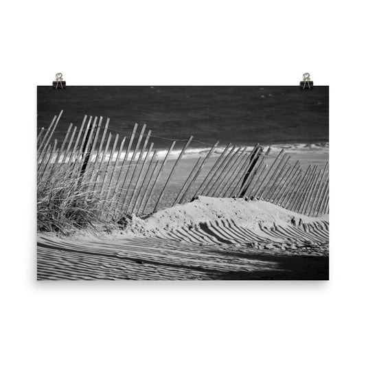 Sandy Beach Fence Black and White Landscape Photo Loose Wall Art Prints - PIPAFINEART