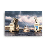Stormy Drawbridge and Boat Racing Towards the Sun Coastal Landscape Photograph Canvas Wall Art Print