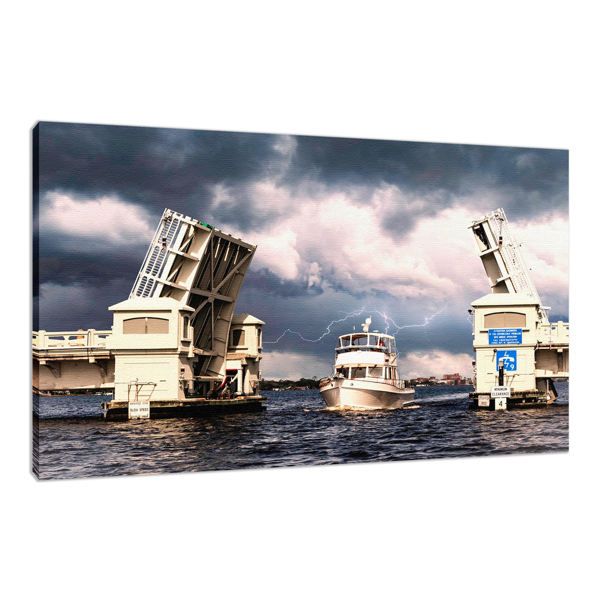 Nautical Wall Accents: Stormy Drawbridge and Boat Racing Towards the Sun Coastal Urban Landscape Photo Fine Art Canvas Wall Art Print