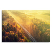 Sunrise Railroad Though Misty Forest With Golden Haze Effect Landscape Photo Canvas Wall Art Prints