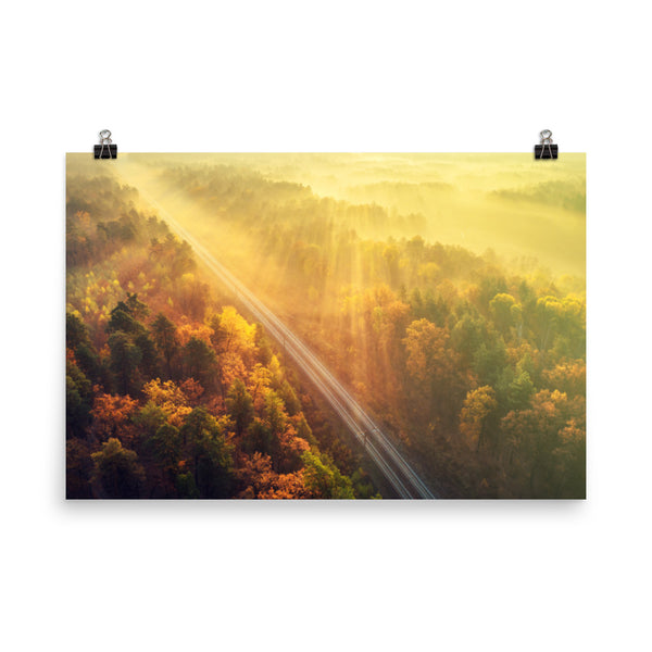Sunrise Railroad Though Misty Forest With Golden Haze Effect Landscape Photo Loose Wall Art Prints