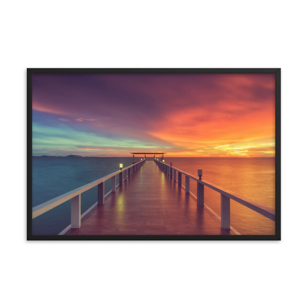 Beach Art Prints Framed: Surreal Wooden Pier At Sunset with Intrigued Effect - Coastal / Seascape / Nature / Landscape Photo Framed Artwork - Wall Decor