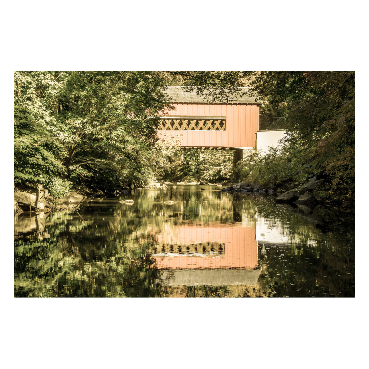 The Reflections of Wooddale Covered Bridge Aged Fine Art Canvas Wall Art Prints  - PIPAFINEART