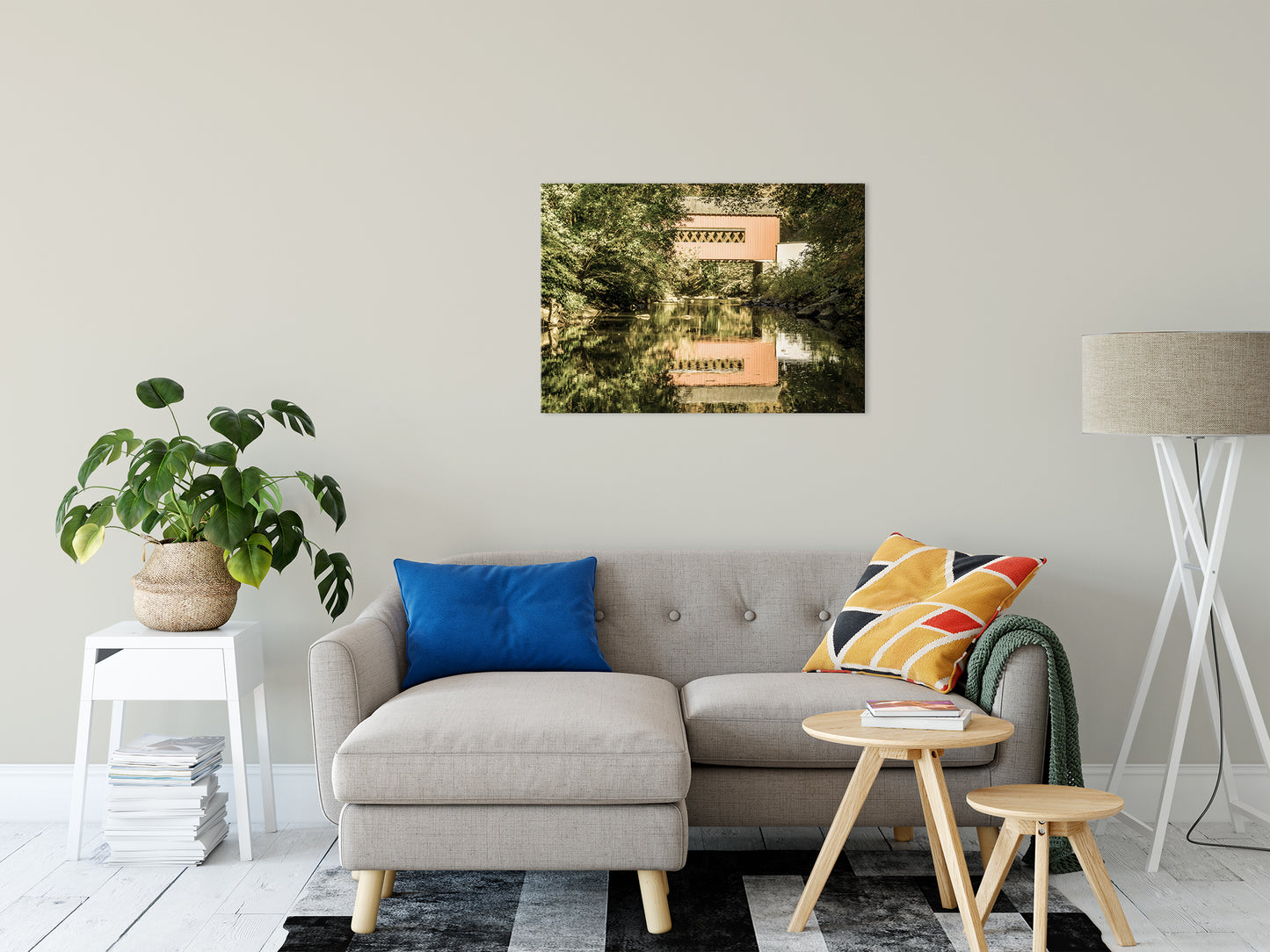 The Reflections of Wooddale Covered Bridge Aged Fine Art Canvas Wall Art Prints 24" x 36" - PIPAFINEART