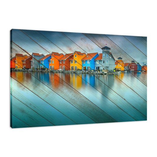 Faux Wood Blue Morning at Waters Edge Landscape Fine Art Canvas Wall Art Prints  - PIPAFINEART