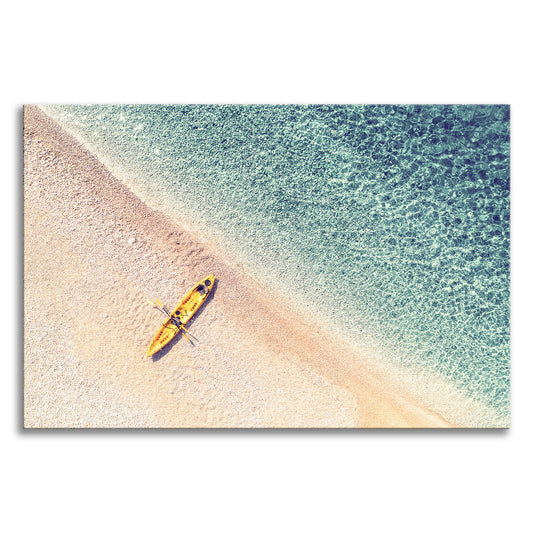Yellow Canoe and Blue Sea by with Soft Violet Effect Coastal Landscape Photograph Canvas Wall Art Prints