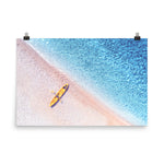 Yellow Canoe and Blue Sea by with Violet Glow Landscape Photo Loose Wall Art Prints