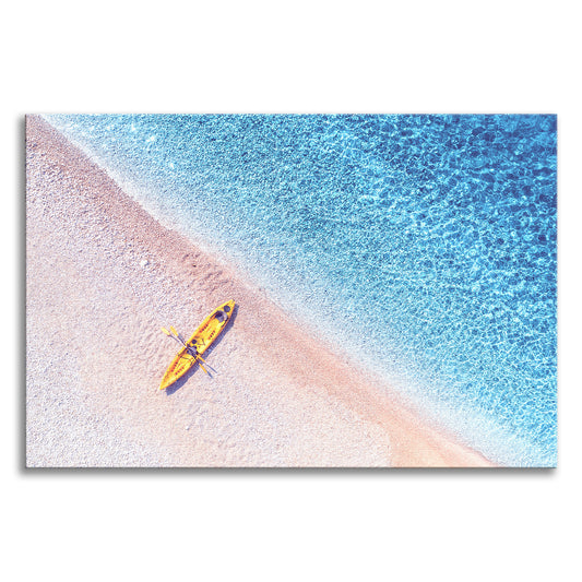 Yellow Canoe and Blue Sea by with Violet Glow Coastal Landscape Photograph Canvas Wall Art Prints