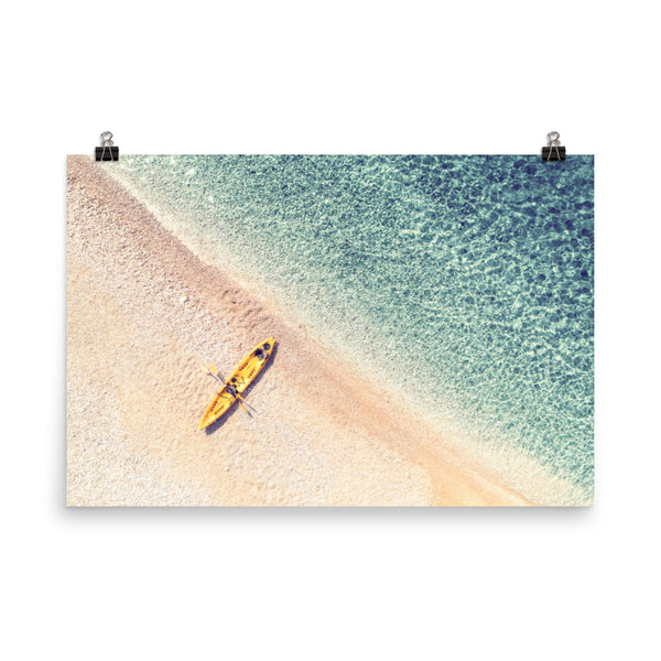 Yellow Canoe and Blue Sea with Soft Violet Effect Landscape Photo Loose Wall Art Prints