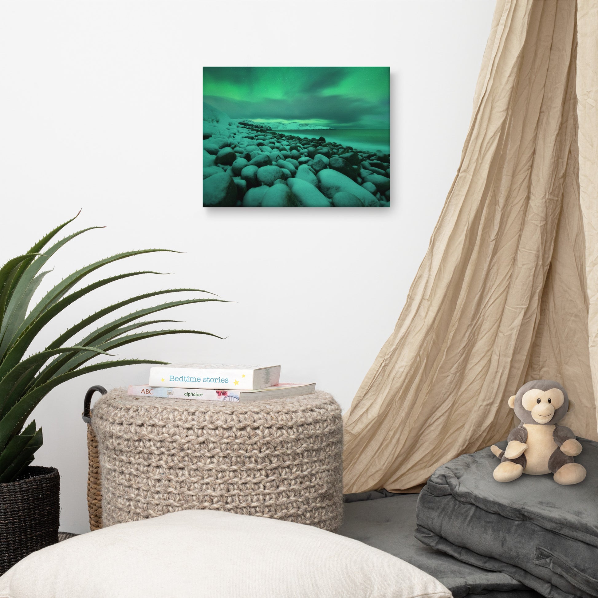 Laundry Room Art Prints: Aurora Borealis Over Ocean in Teriberka Night Seascape Landscape Photo Canvas Wall Art Prints