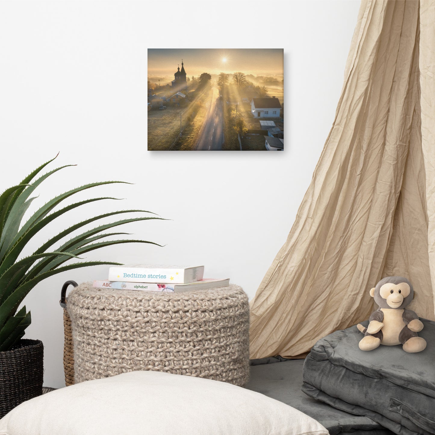 Misty Rural Town Sunrise in Autumn with Glory Rays Landscape Photo Canvas Wall Art Prints