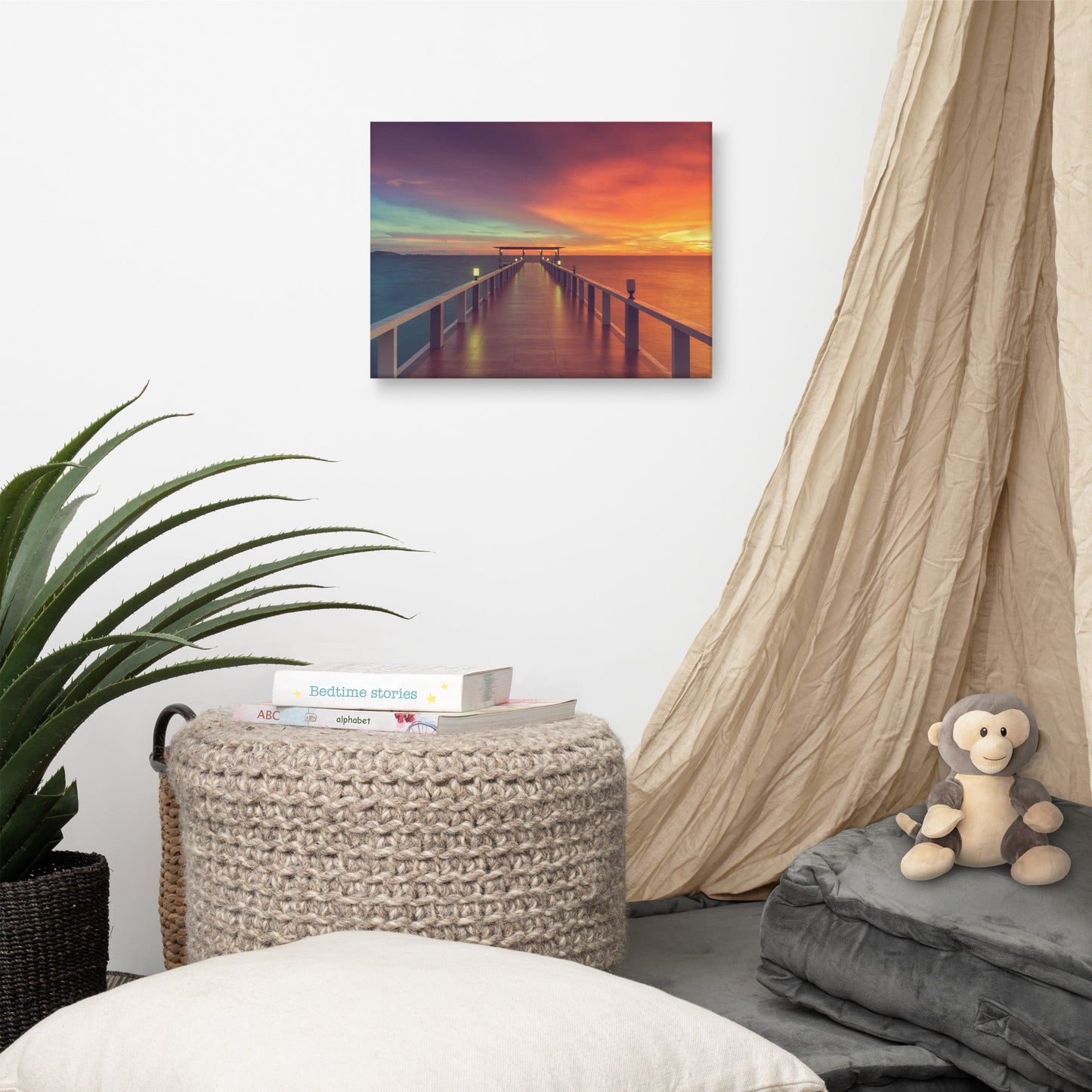 Wall Scenery For Bedroom: Surreal Wooden Pier At Sunset with Intrigued Effect Landscape Photo Canvas Wall Art Prints