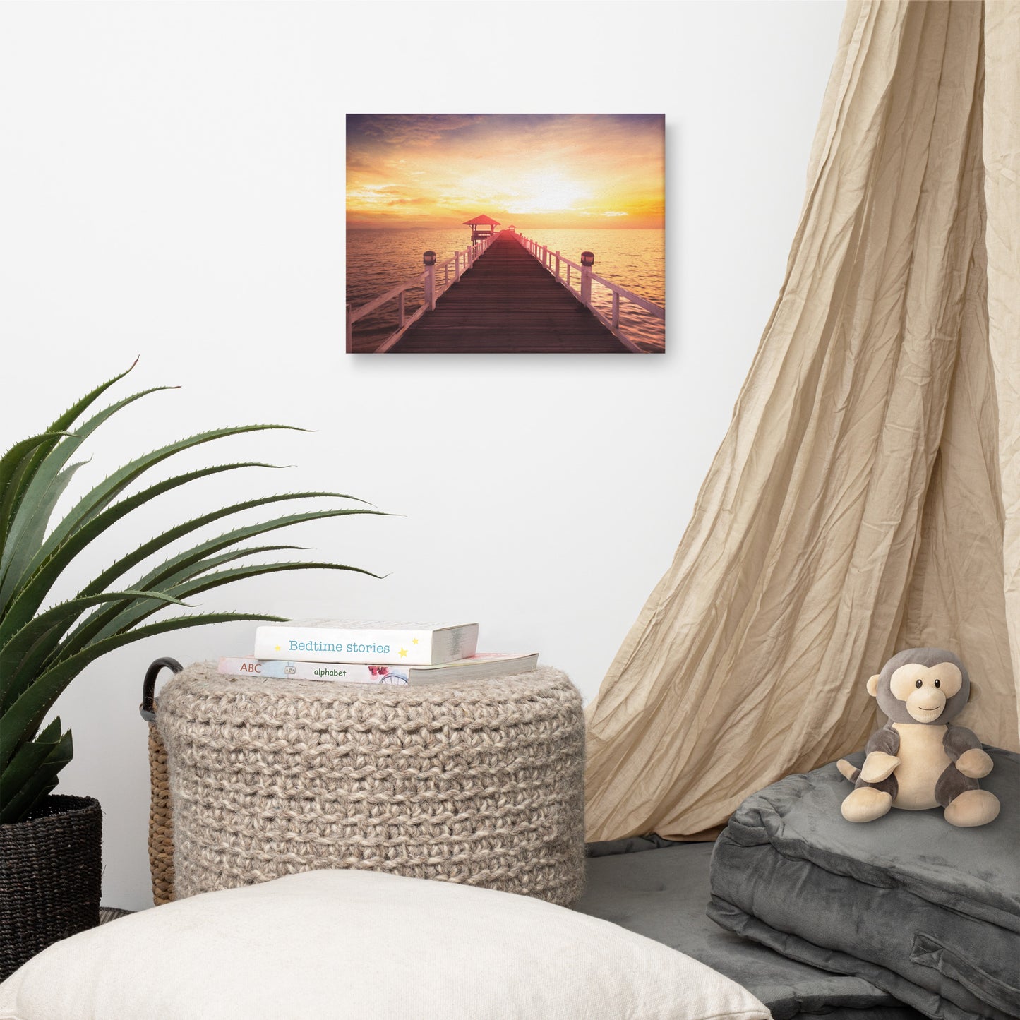 Surreal Wooden Pier at Sunset with Shadow and Summer Heat Effect Landscape Photo Canvas Wall Art Prints