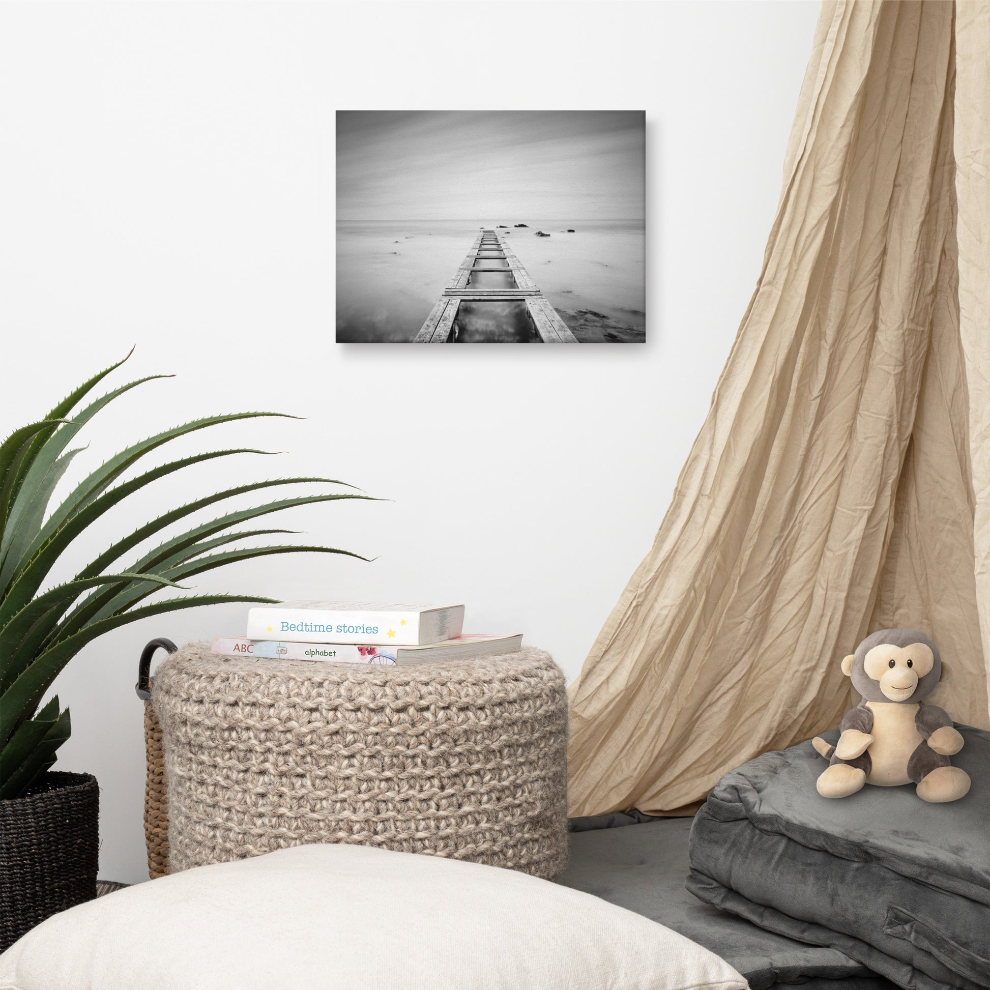 Moody Ocean and Sky Wooden Pier Landscape Photo Canvas Wall Art Prints
