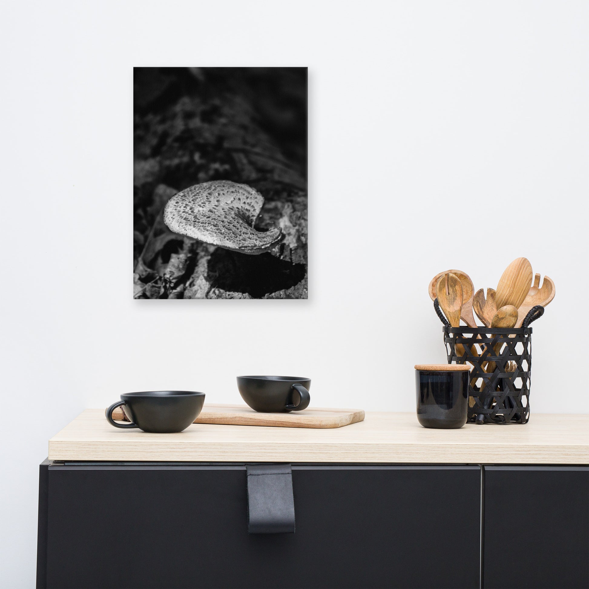 Art Decor Kitchen: Mushroom on Log Black and White Botanical Nature Canvas Wall Art Prints
