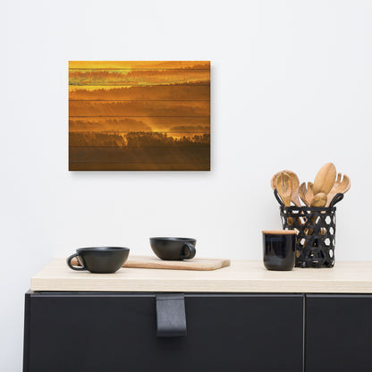 Faux Wood Golden Mist Valley - Hills & Mountain Range Rural Landscape Canvas Wall Art Prints