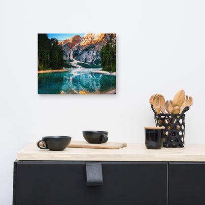Faux Wood Misty Lake and Snowcap Mountain Reflections Rural Landscape Canvas Wall Art Prints