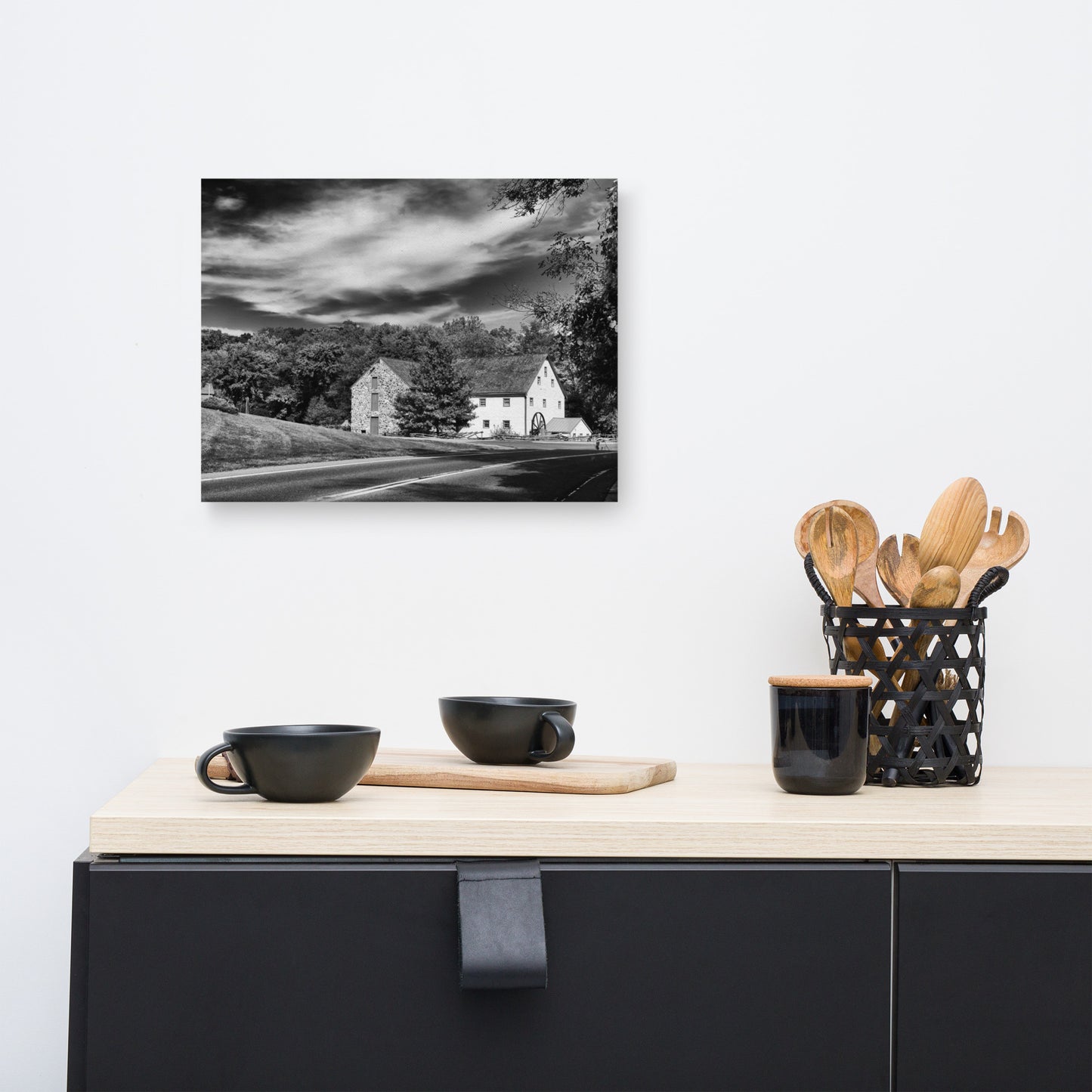Greenbank Mill - Summer Black and White Rural Landscape Canvas Wall Art Prints