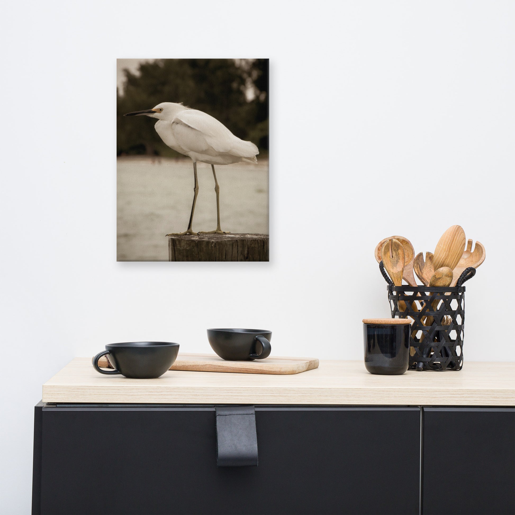 Wall Art Ideas Dining Room: Sepia Coastal - Bird - Snowy Egret on Pillar / Animal / Wildlife Nature Canvas Photographic Wall Art Print - Artwork