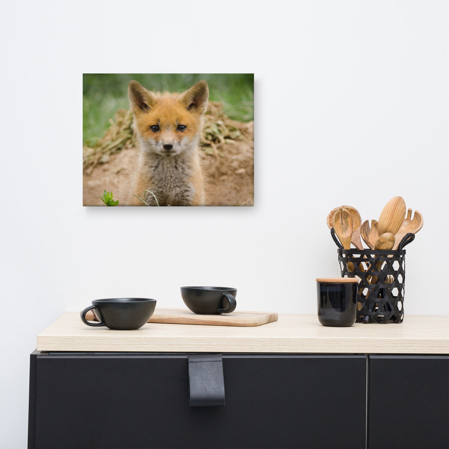Modern Wall Art Dining Room: Young Red Fox Kit Popping Out of Den- Wildlife / Animal / Nature Photograph Canvas Wall Art Print - Artwork
