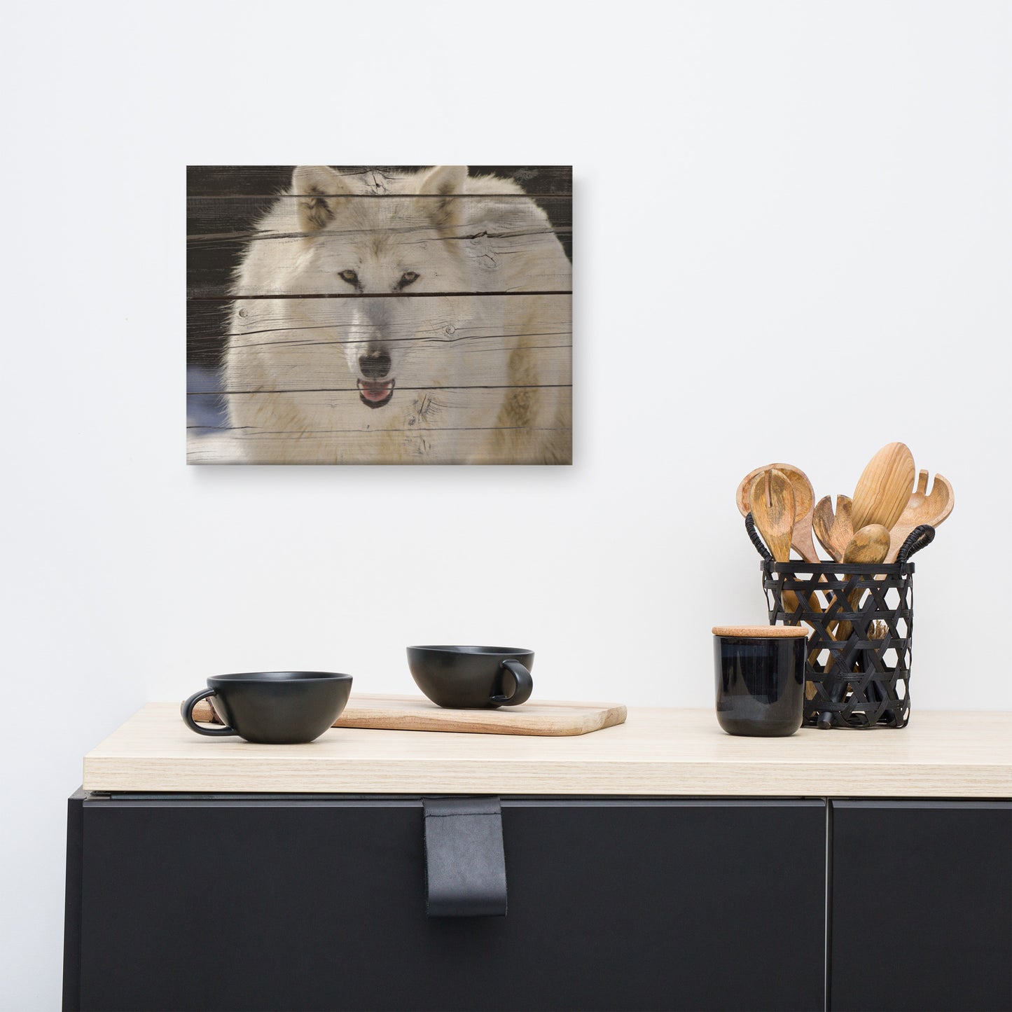 Minimalist Kitchen Wall Decor: White Wolf Portrait on Faux Weathered Wood Texture - Wildlife / Animal / Nature Photograph Canvas Wall Art Print - Artwork