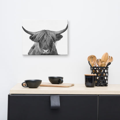 Highland Cow Black and White Wildlife / Animal Photograph Canvas Wall Art Print