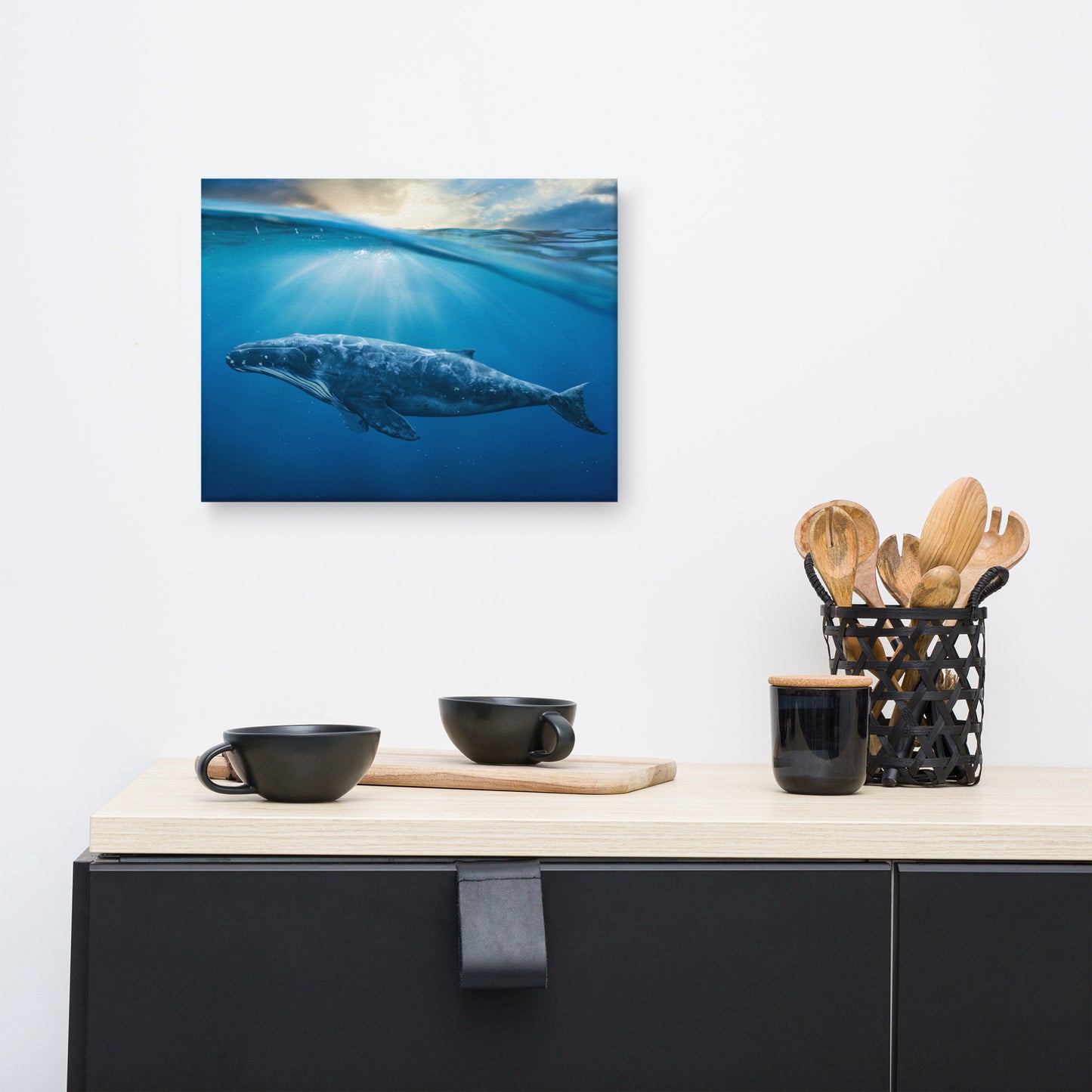 Dreamy Blue Whale Ocean Sunset Glory Rays Animal Wildlife Photograph Canvas Wall Art Print