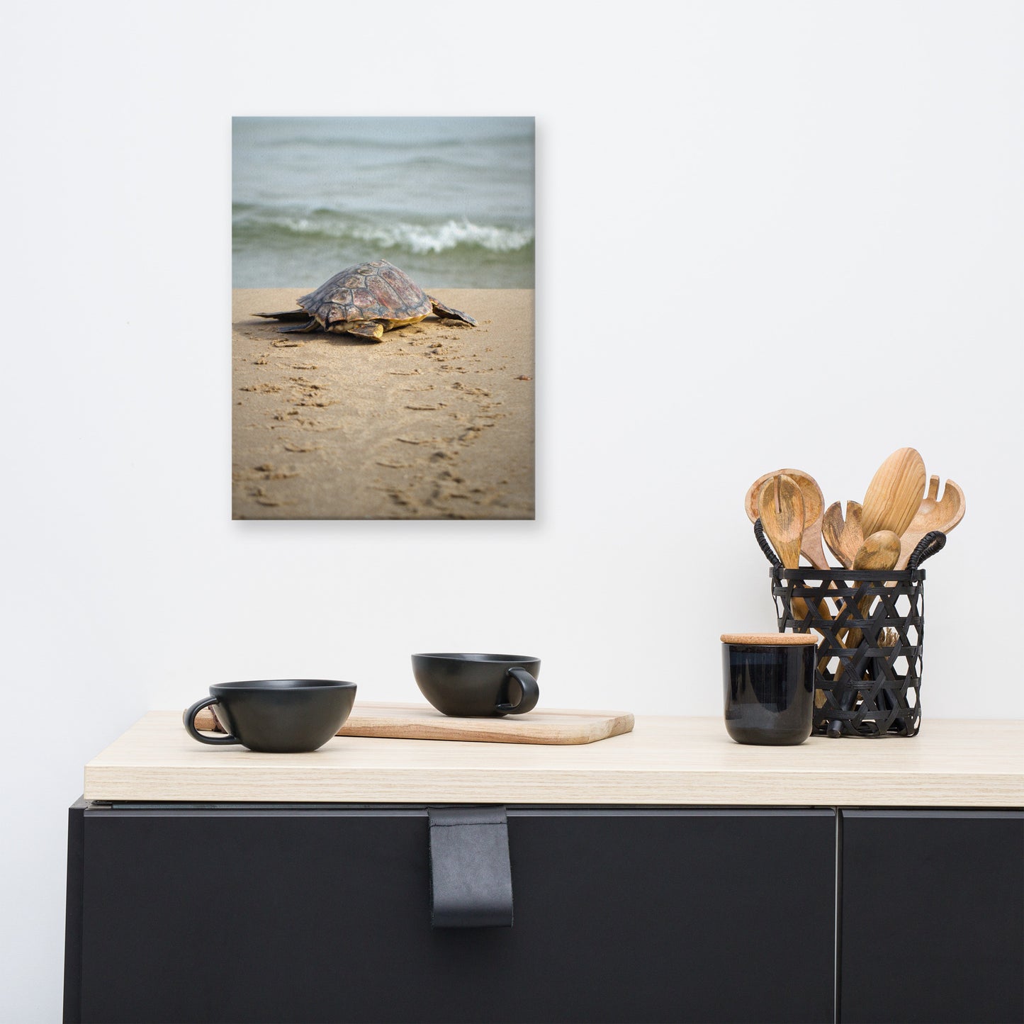 Modern Kitchen Canvas Art: Baby Loggerhead Sea Turtle Hatchling at the Shore - Coastal / Wildlife / Marine Animal / Nature Photograph Canvas Wall Art Print - Artwork