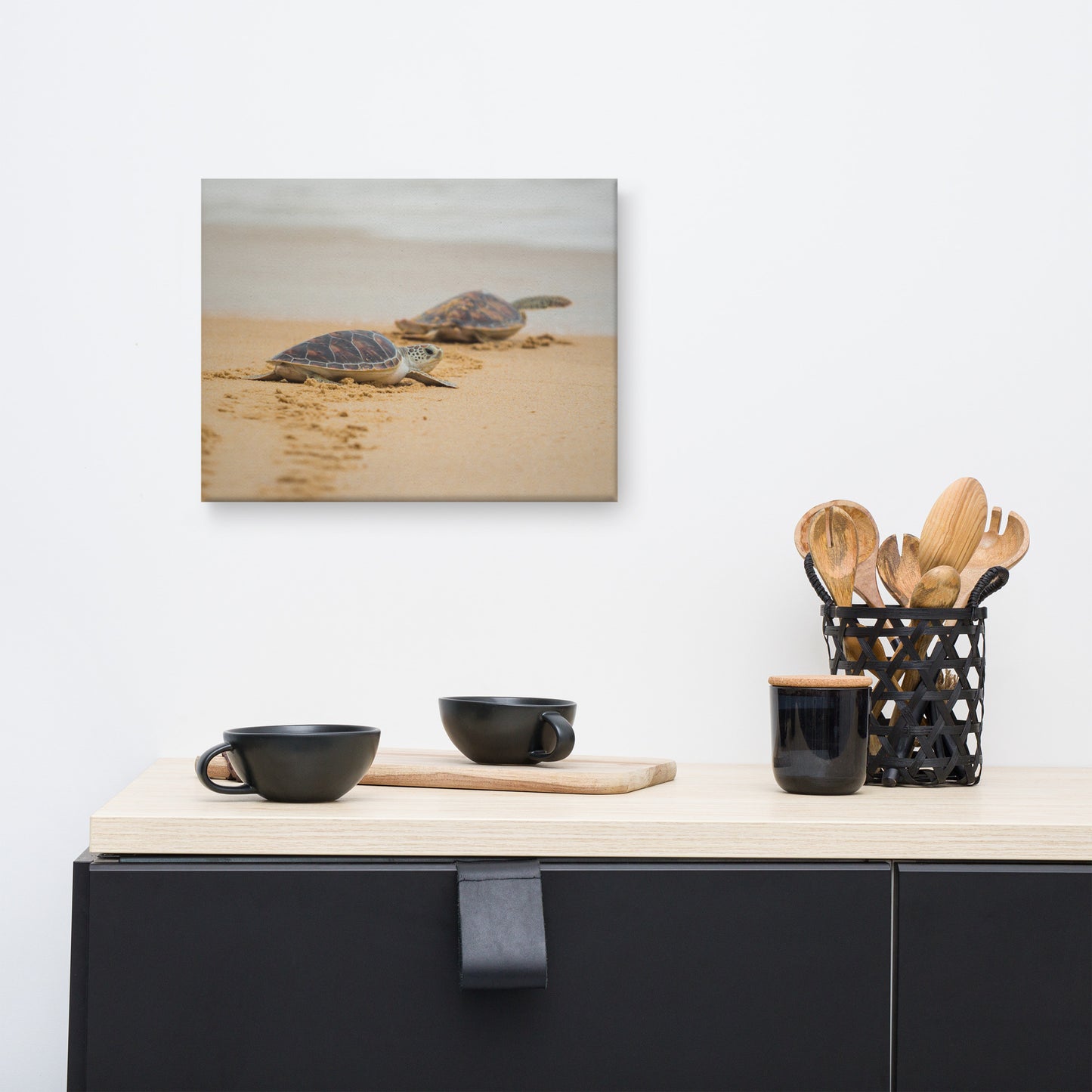 Modern Art Dining Room: Hawksbill Sea Turtle Hatchlings at the Shore - Coastal / Wildlife / Marine Animal / Nature Photograph Canvas Wall Art Print - Artwork